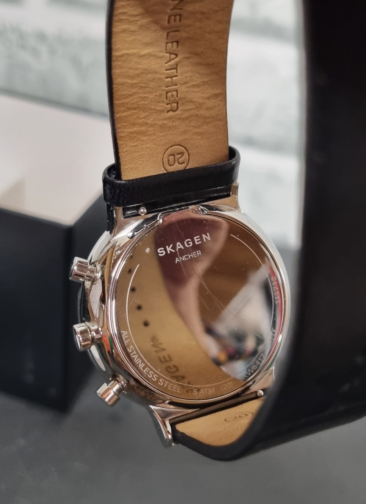 Skagen Blue and Silver Dial Black Leather Strap Watch