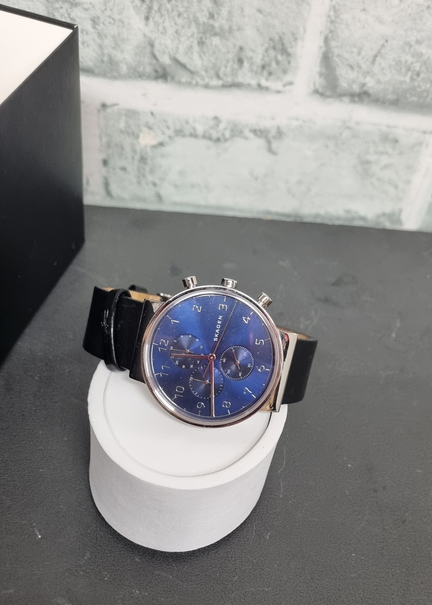 Skagen Blue and Silver Dial Black Leather Strap Watch