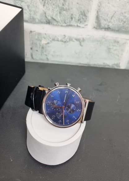 Skagen Blue and Silver Dial Black Leather Strap Watch