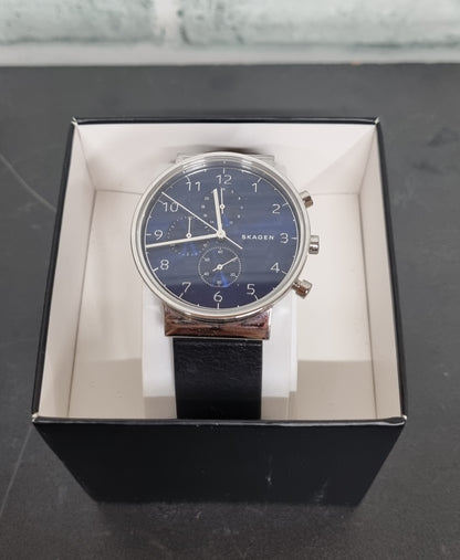 Skagen Blue and Silver Dial Black Leather Strap Watch