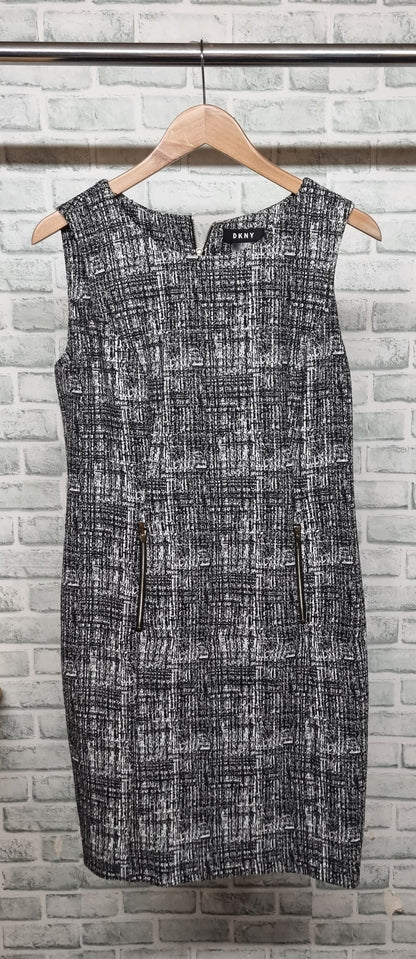DKNY Grey and White Tweed Style Midi Sheath Dress Size 14