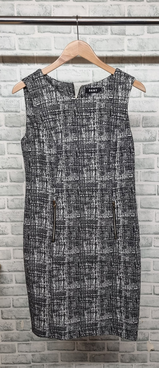 DKNY Grey and White Tweed Style Midi Sheath Dress Size 14