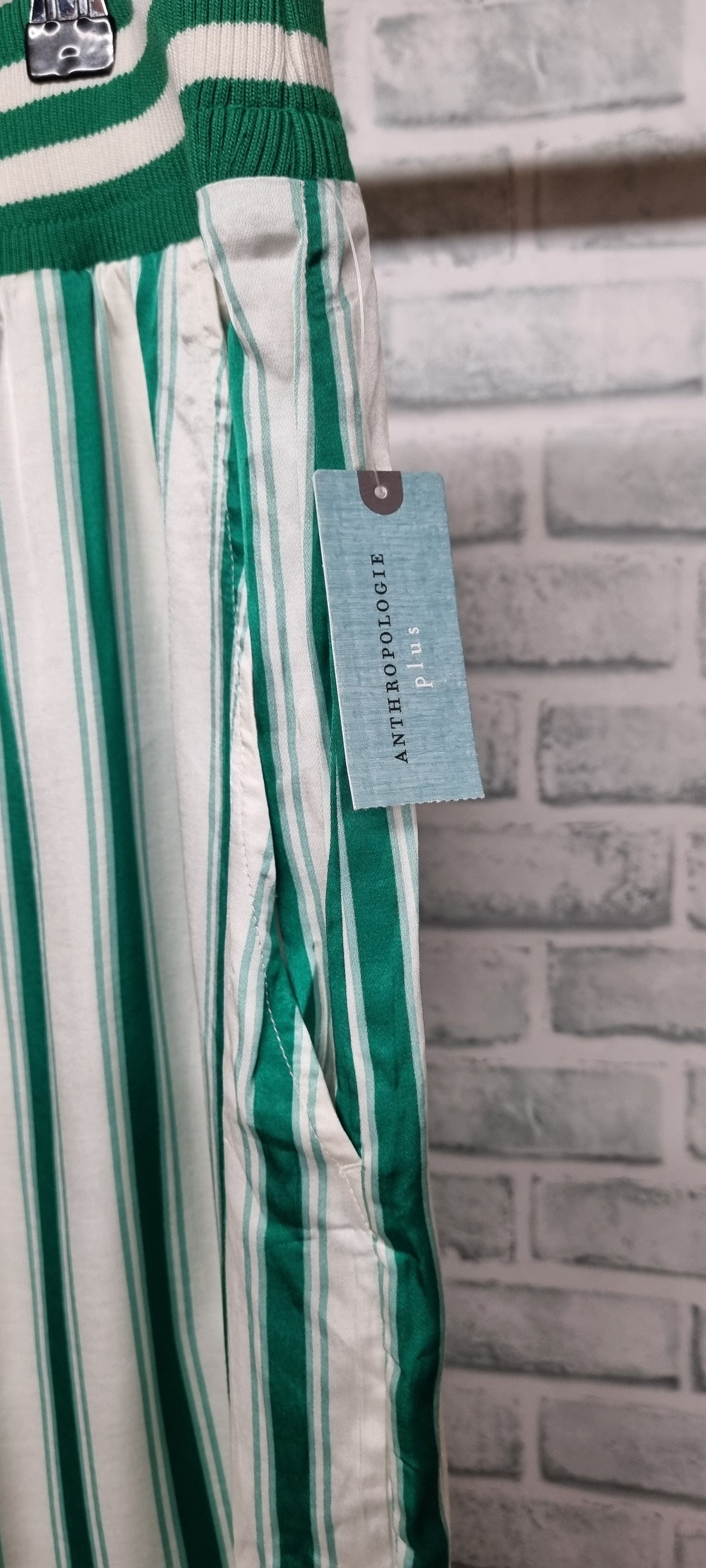 Anthropologie Plus Silk Style Viscose Green and White Stripe Shorts Size 2X BNWT