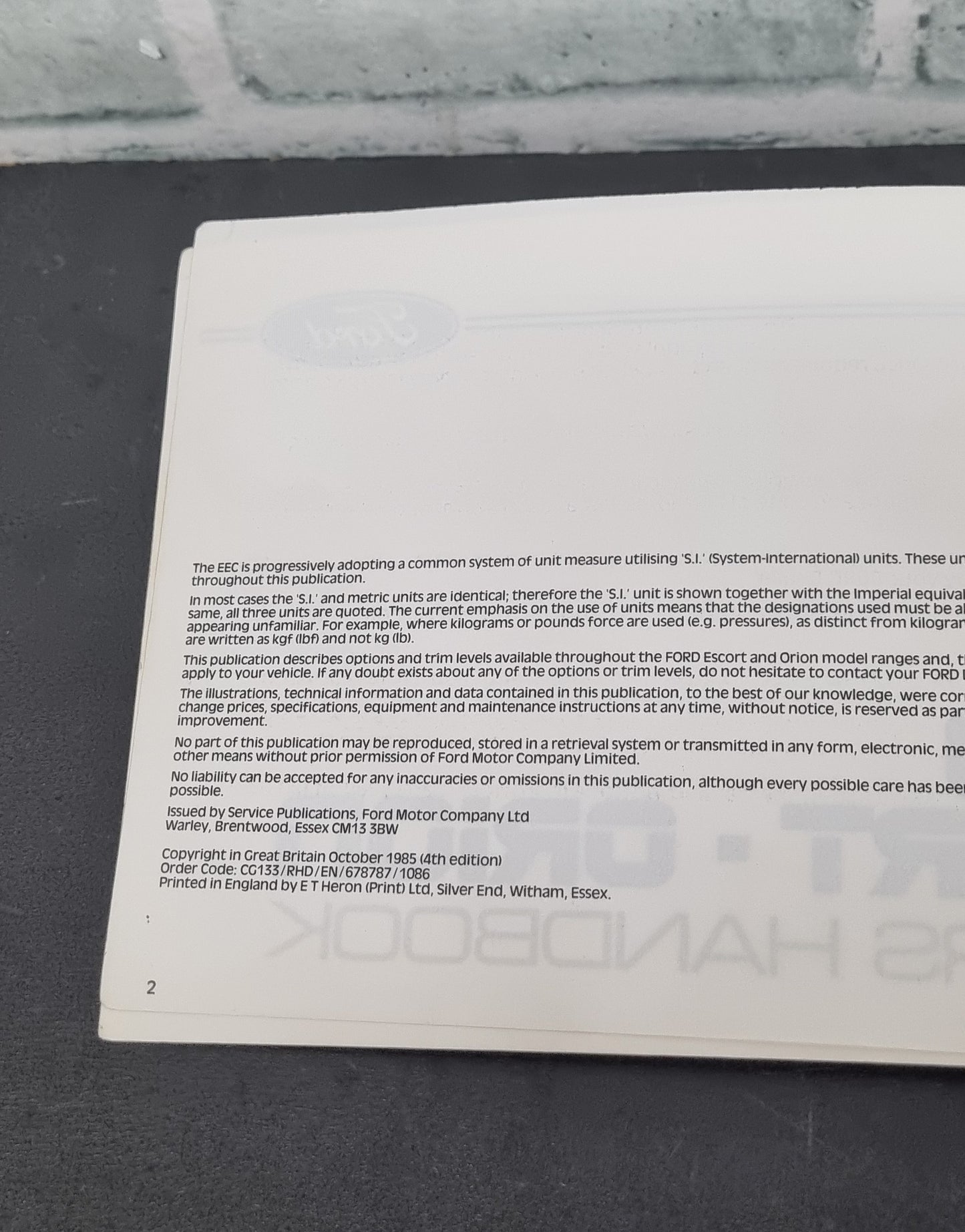 Ford Escort Orion Owners Handbook 4th Edition