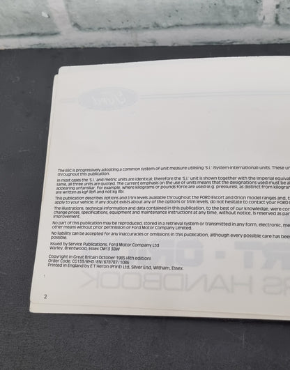Ford Escort Orion Owners Handbook 4th Edition