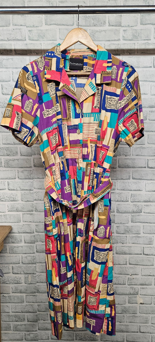 Vintage Anonymous Abstract Button Up Belted Midi Dress Size 14
