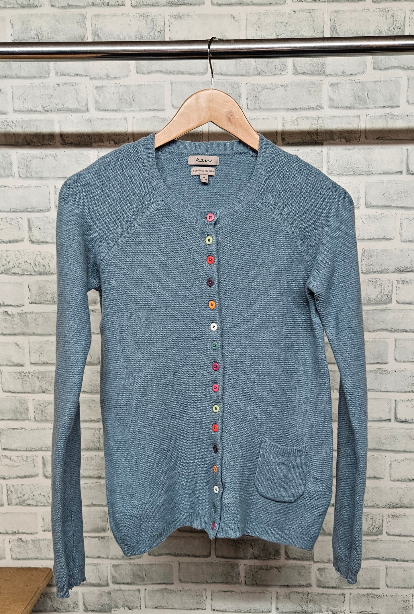 Kew Pure Merino Wool Blue Grey Cardigan Size M/12/38