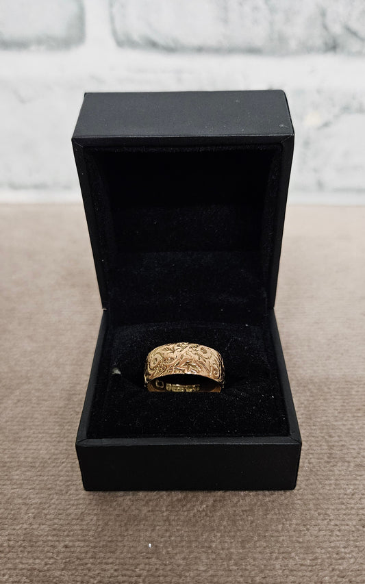 Gold 9K Floral Engraved Wide Band Ring