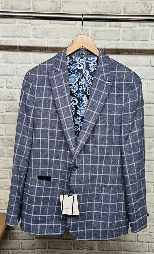 Sawyers & Hendricks London The Cotton Linen Collection Checkered Blue Jacket Size 44 BNWT