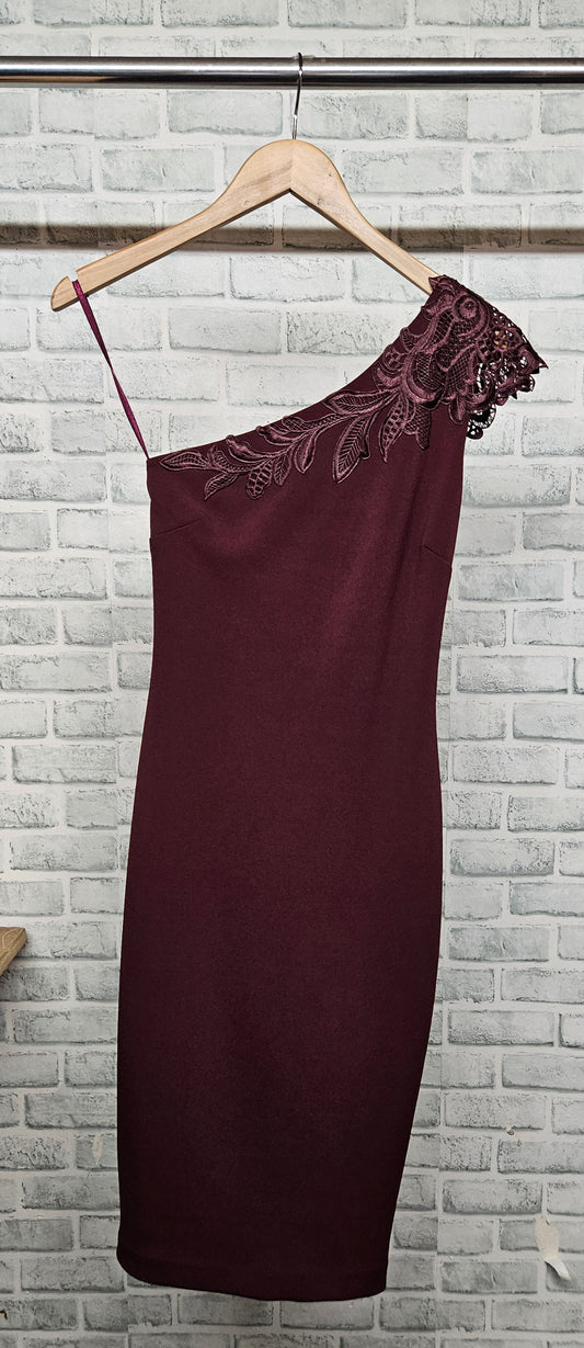 Ted Baker One Shoulder Lace Trim Burgundy Bodycon Dress Size 0