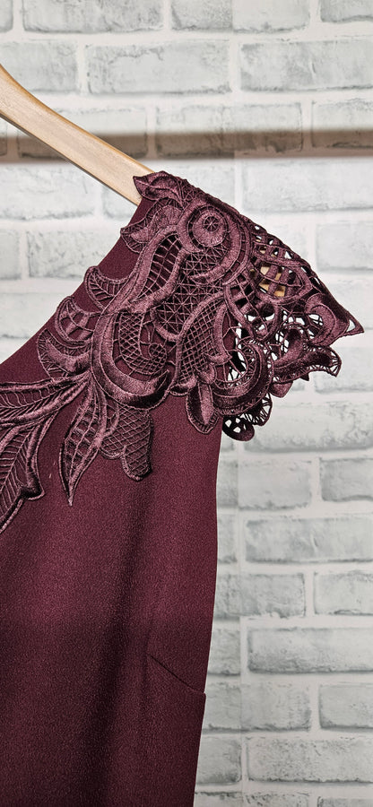 Ted Baker One Shoulder Lace Trim Burgundy Bodycon Dress Size 0