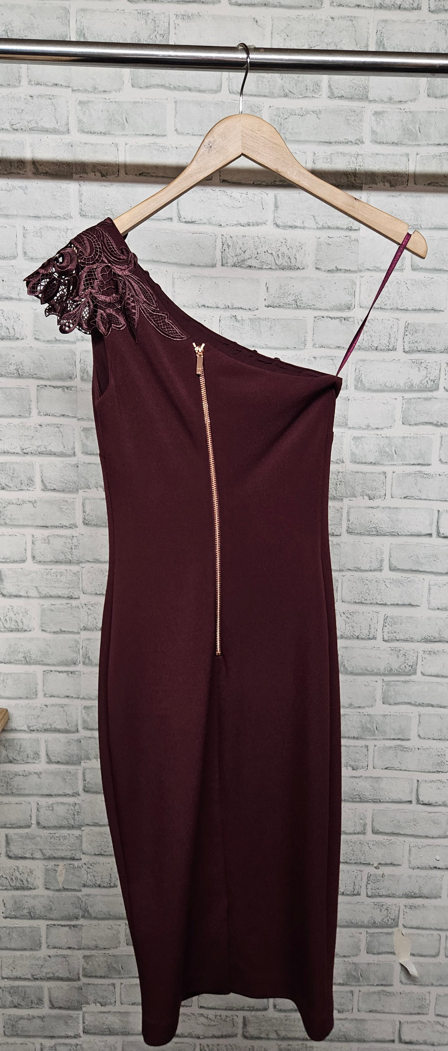 Ted Baker One Shoulder Lace Trim Burgundy Bodycon Dress Size 0