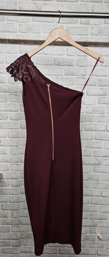 Ted Baker One Shoulder Lace Trim Burgundy Bodycon Dress Size 0