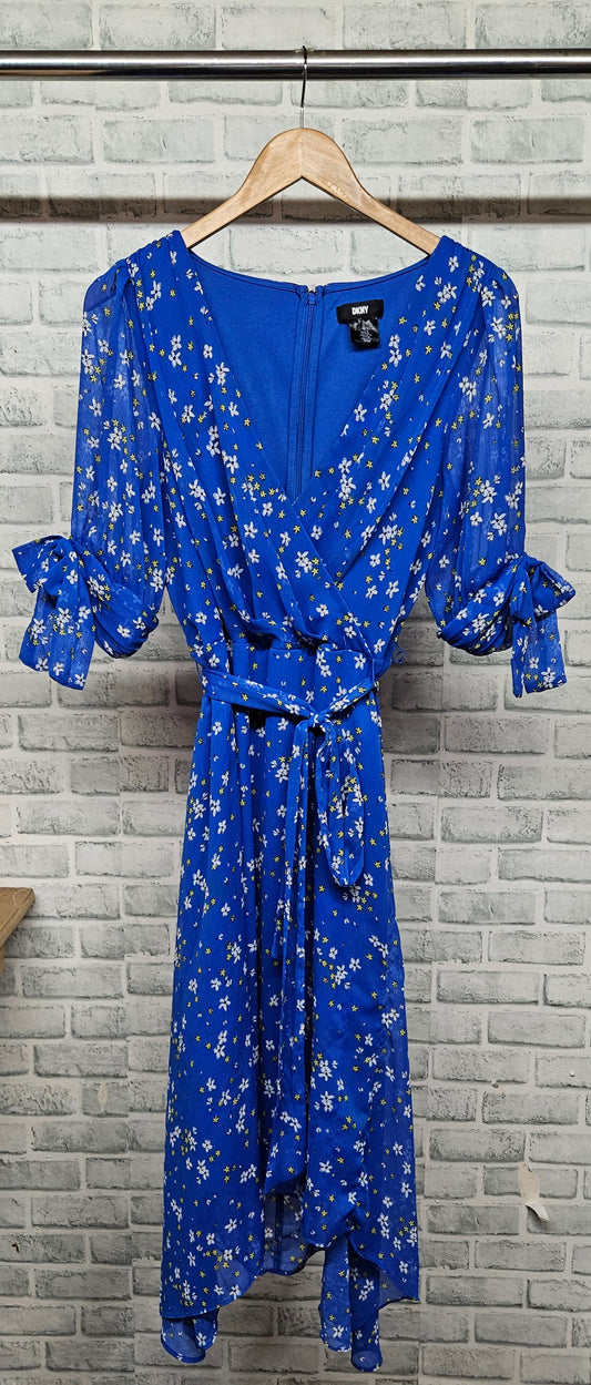 DKNY Blue Floral V-Neck A-Line Dress Size Large