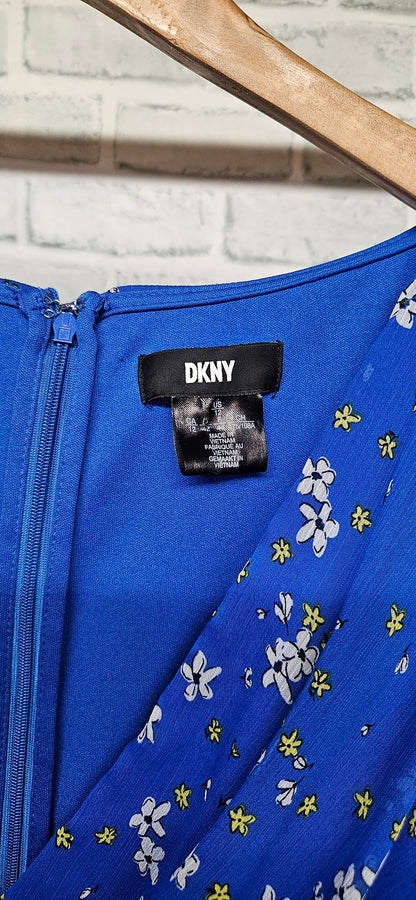 DKNY Blue Floral V-Neck A-Line Dress Size Large