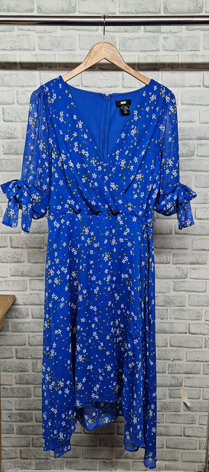 DKNY Blue Floral V-Neck A-Line Dress Size Large