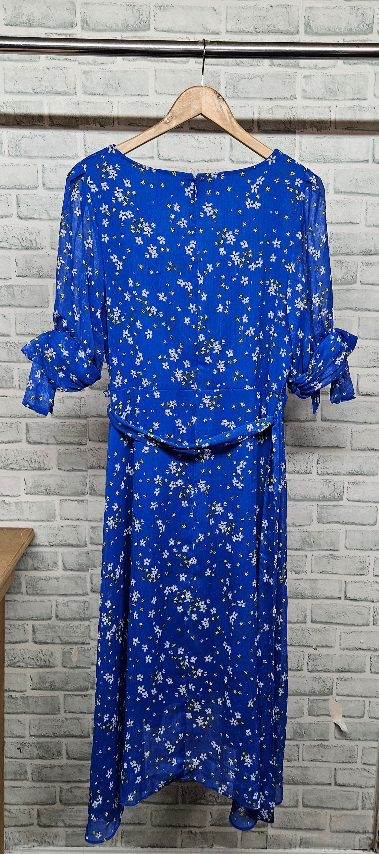 DKNY Blue Floral V-Neck A-Line Dress Size Large