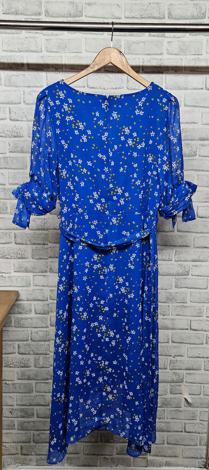 DKNY Blue Floral V-Neck A-Line Dress Size Large