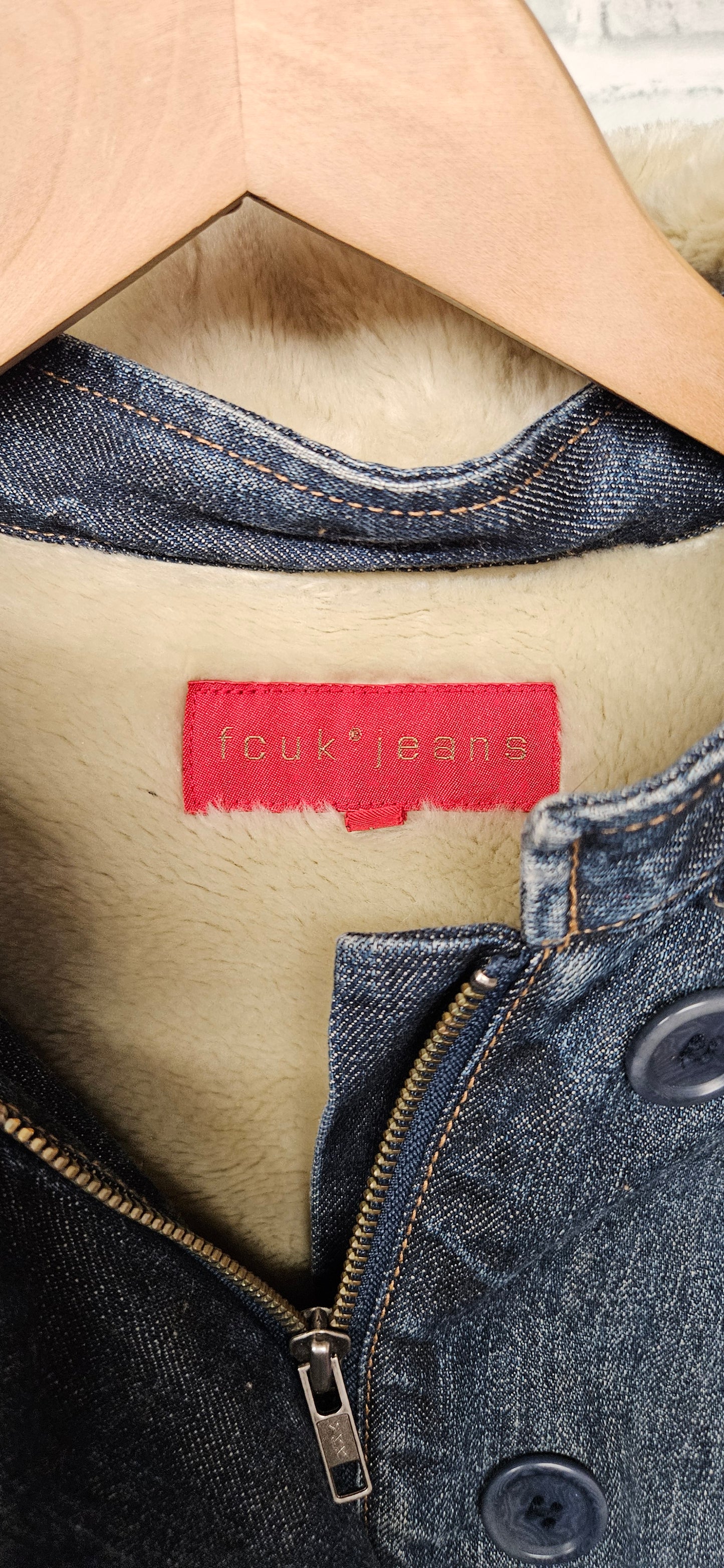 FCUK Jeans Fleece Lined Denim Jacket with Removable Hood Size Large