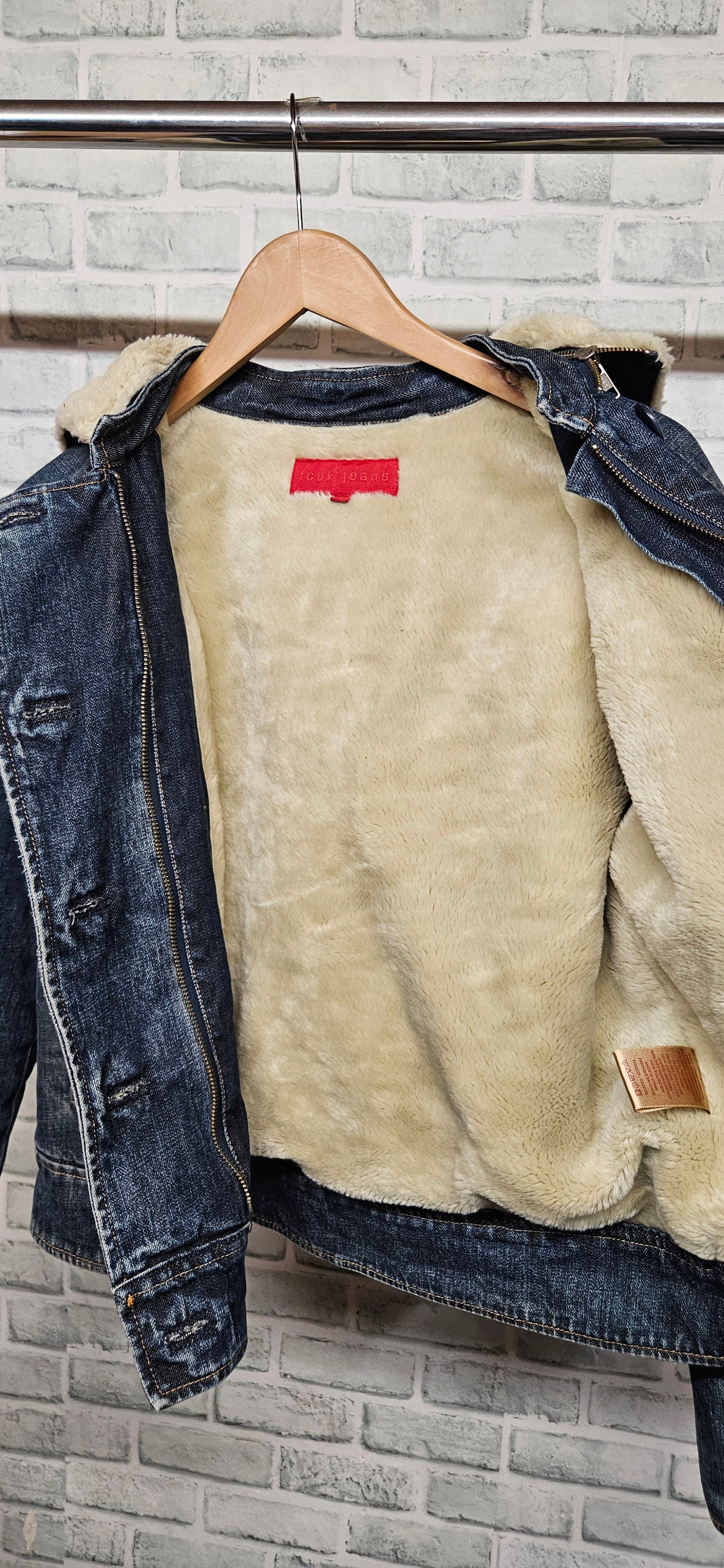 FCUK Jeans Fleece Lined Denim Jacket with Removable Hood Size Large