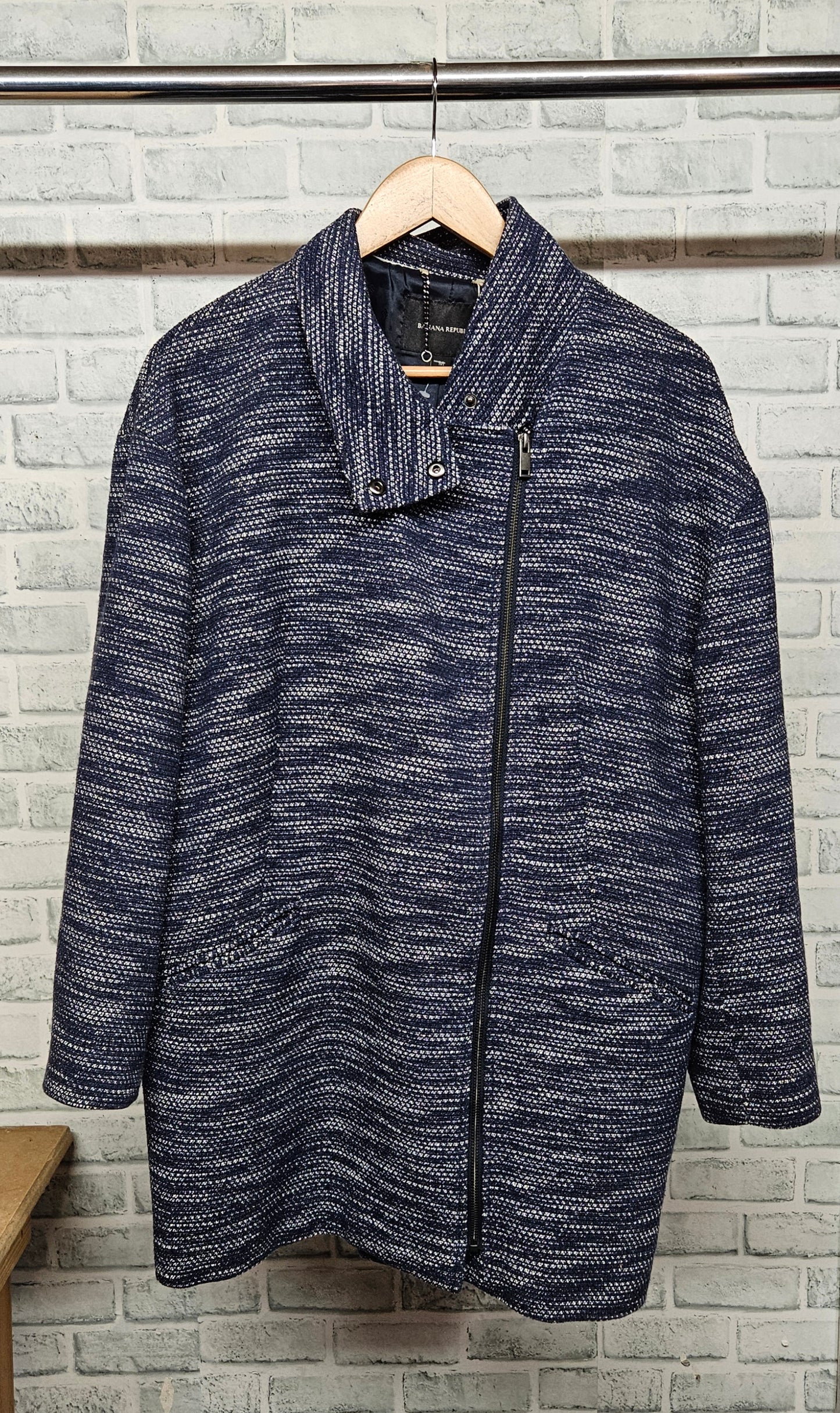 Banana Republic Blue and White Textured Cocoon Coat Size Medium