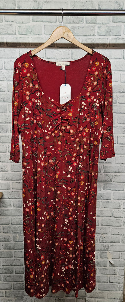 Seasalt Cornwall Red Floral Ruched Square Neck St Martin Dress Size 18 BNWT