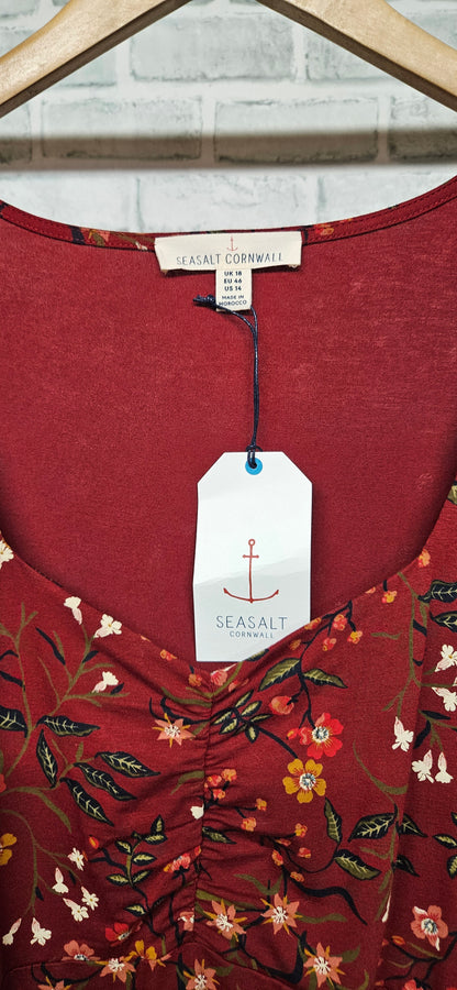 Seasalt Cornwall Red Floral Ruched Square Neck St Martin Dress Size 18 BNWT