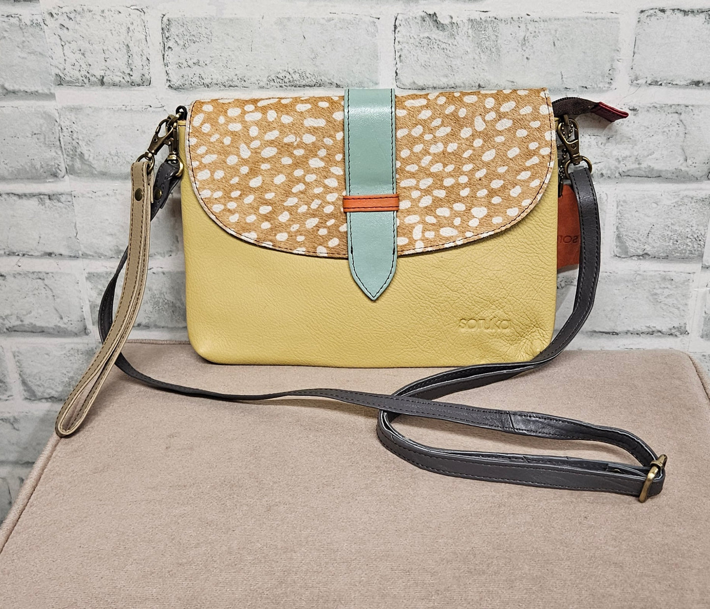 Soruka Leather Yellow Deer Print Envelope Clutch Cross Body Bag with Adjustable Strap BNWT