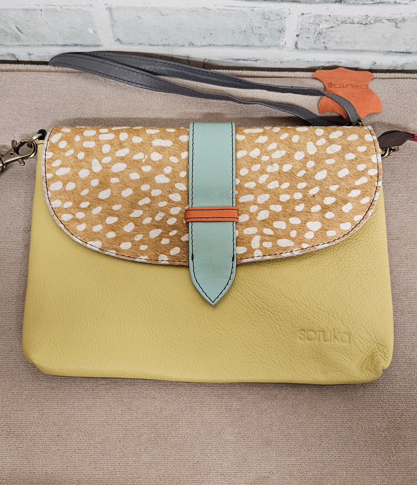 Soruka Leather Yellow Deer Print Envelope Clutch Cross Body Bag with Adjustable Strap BNWT