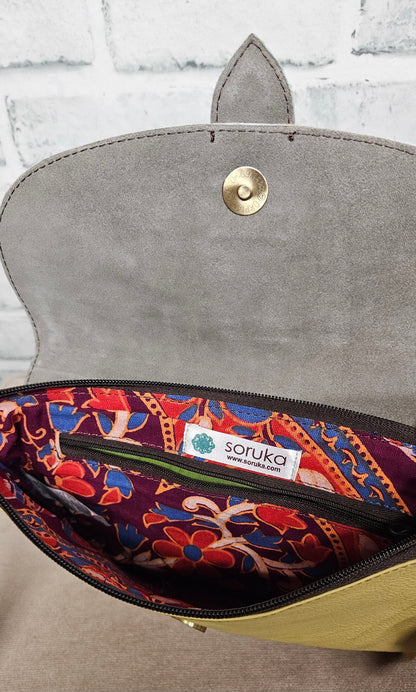Soruka Leather Yellow Deer Print Envelope Clutch Cross Body Bag with Adjustable Strap BNWT