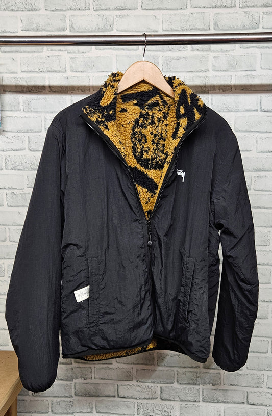 Stussy Sherpa Reversible Leopard Print Fleece Black Jacket Size Meduim