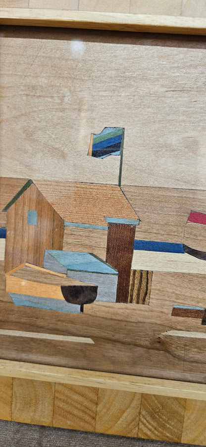 'Huts, Boats, Irish Flag' Original Marquetry Picture By Colin Miles February 2026