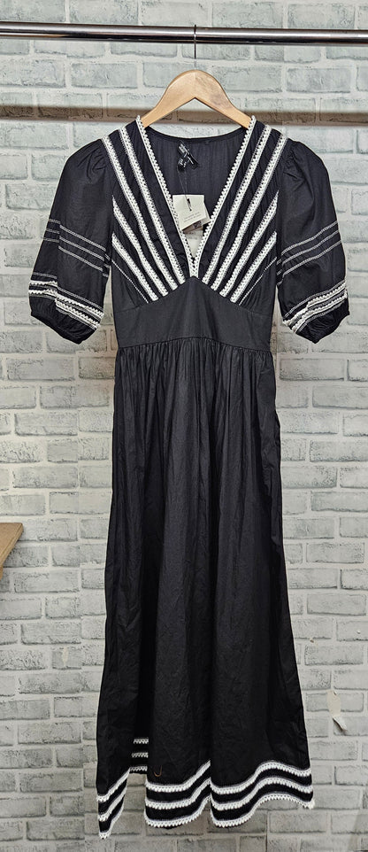 Nobody's Child Rosa Midi Black Dress with White Lace Trim Size 4