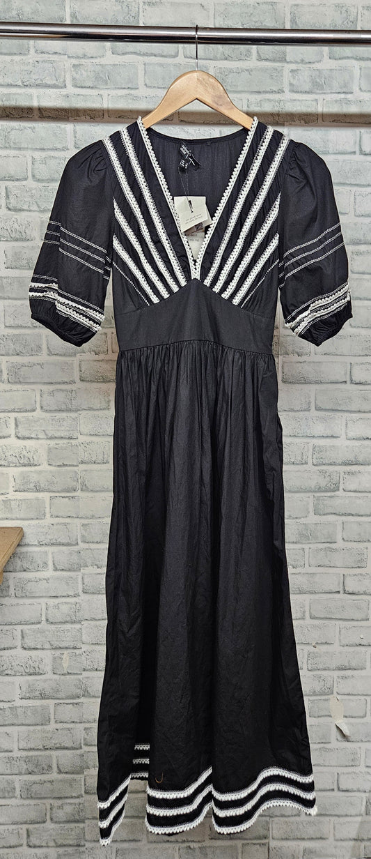 Nobody's Child Rosa Midi Black Dress with White Lace Trim Size 4