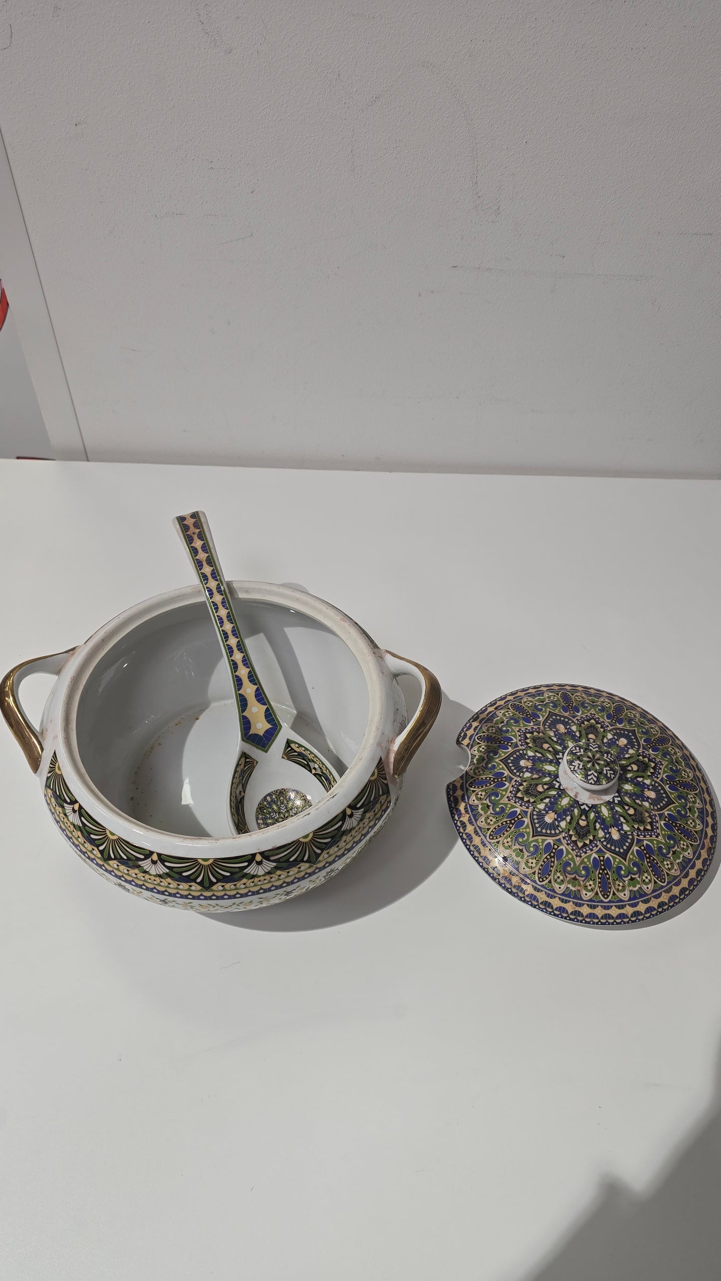 Moroccon Ceramic Soup Tureen Set - Lidded Bowl and Ladle