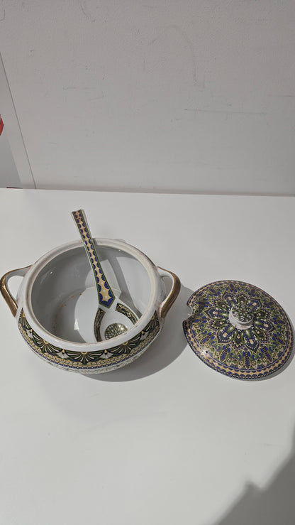 Moroccon Ceramic Soup Tureen Set - Lidded Bowl and Ladle