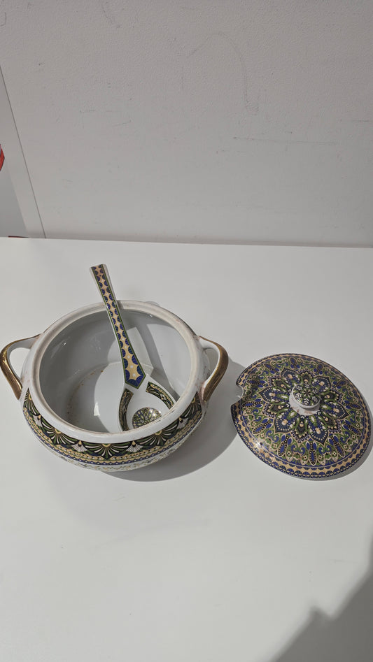 Moroccon Ceramic Soup Tureen Set - Lidded Bowl and Ladle