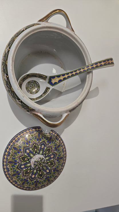 Moroccon Ceramic Soup Tureen Set - Lidded Bowl and Ladle