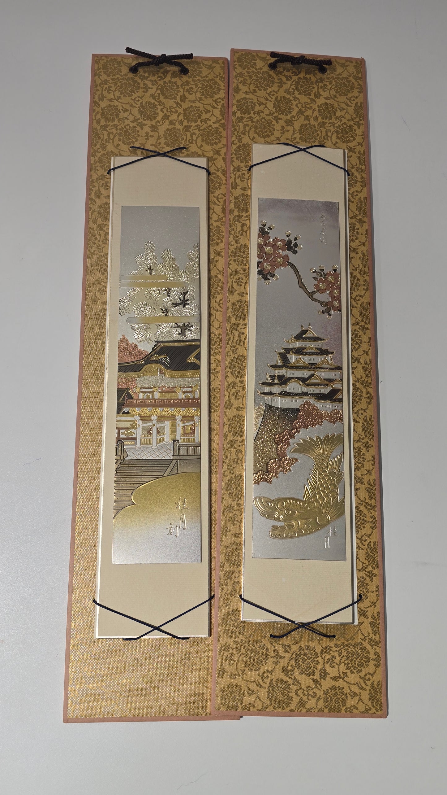 Vintage Japanese Chokin Mixed Metal Panels Silk Obi Katsura Village Pair