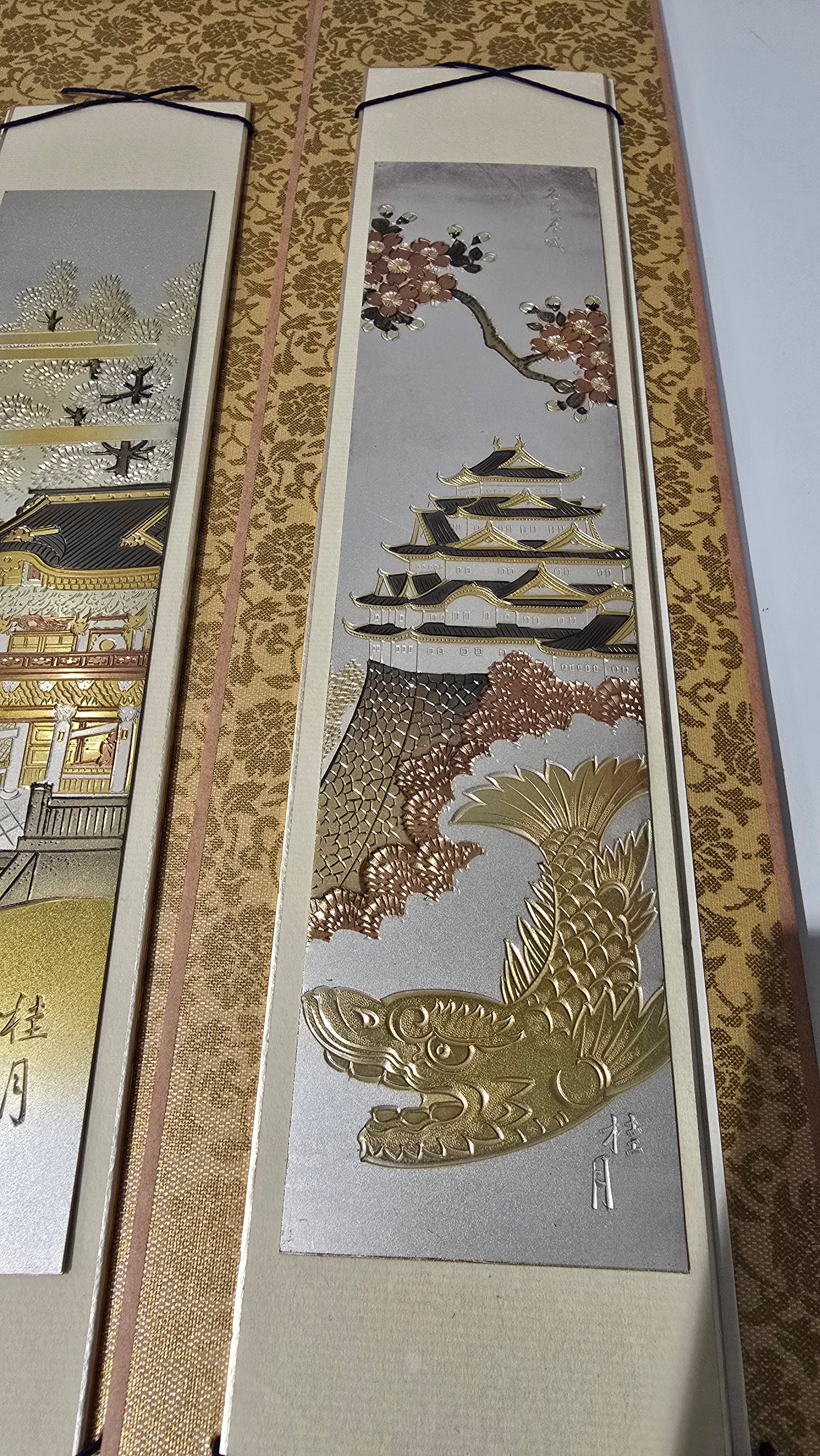 Vintage Japanese Chokin Mixed Metal Panels Silk Obi Katsura Village Pair