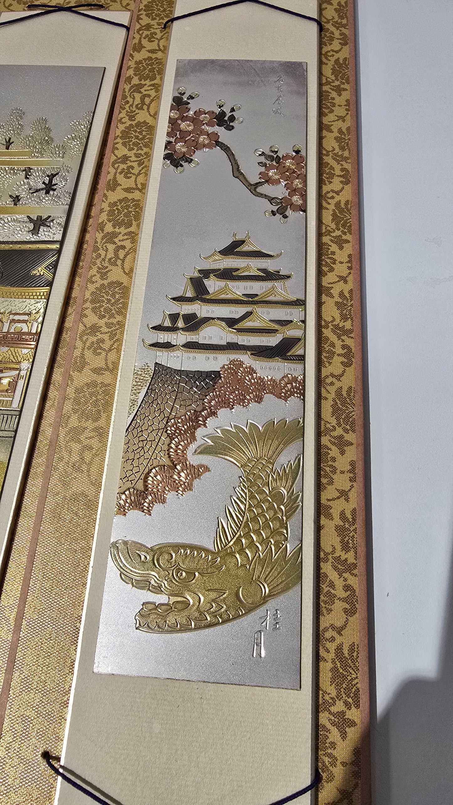 Vintage Japanese Chokin Mixed Metal Panels Silk Obi Katsura Village Pair