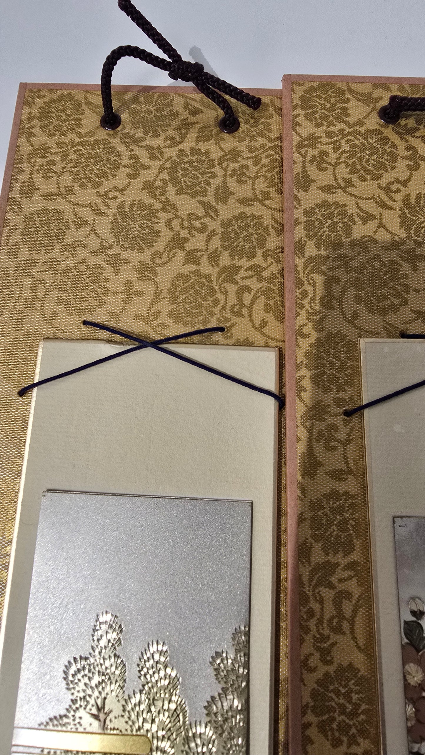 Vintage Japanese Chokin Mixed Metal Panels Silk Obi Katsura Village Pair