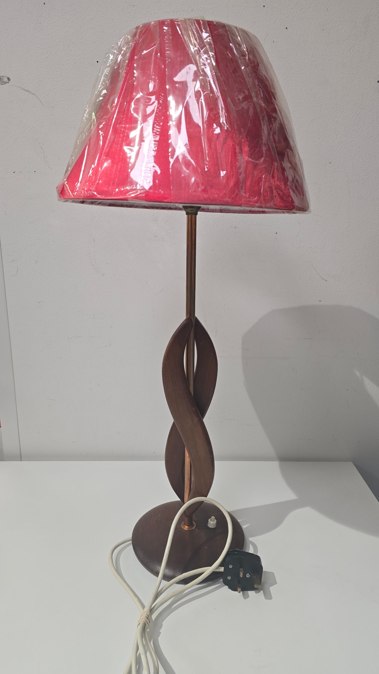1960s Mid Century Scandinavian Twisted Teak and Brass Lamp with Red Shade(free)