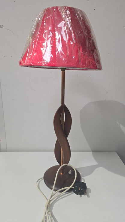 1960s Mid Century Scandinavian Twisted Teak and Brass Lamp with Red Shade(free)