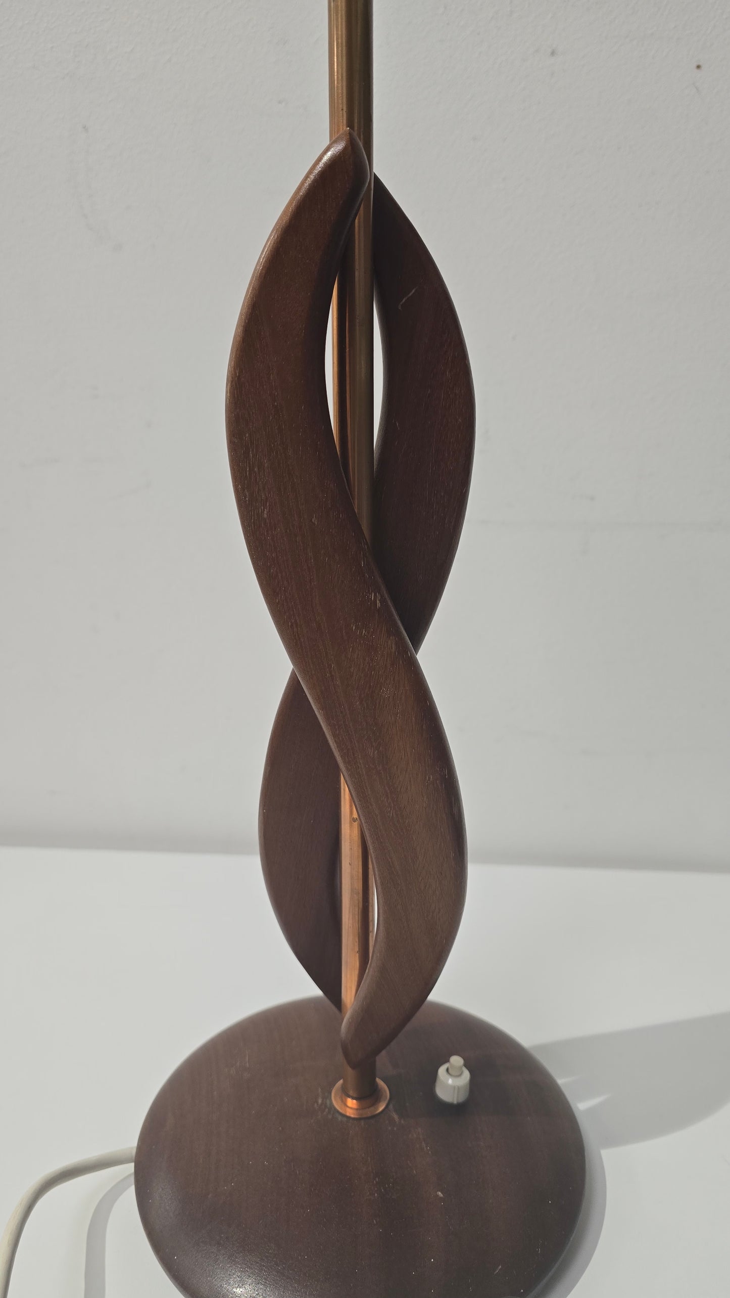 1960s Mid Century Scandinavian Twisted Teak and Brass Lamp with Red Shade(free)