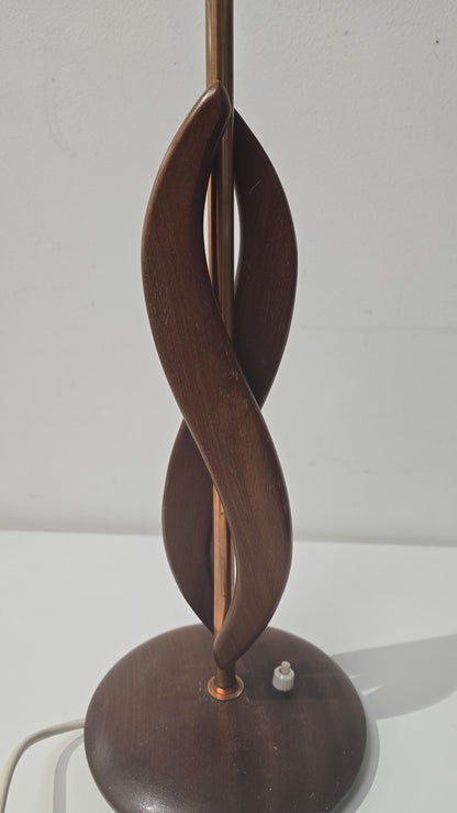 1960s Mid Century Scandinavian Twisted Teak and Brass Lamp with Red Shade(free)