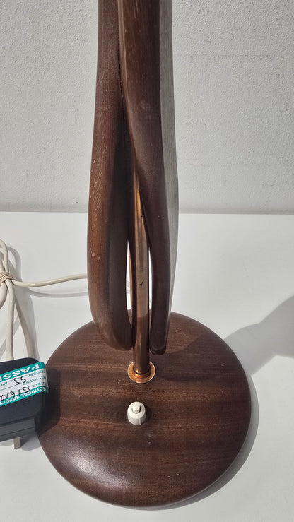 1960s Mid Century Scandinavian Twisted Teak and Brass Lamp with Red Shade(free)