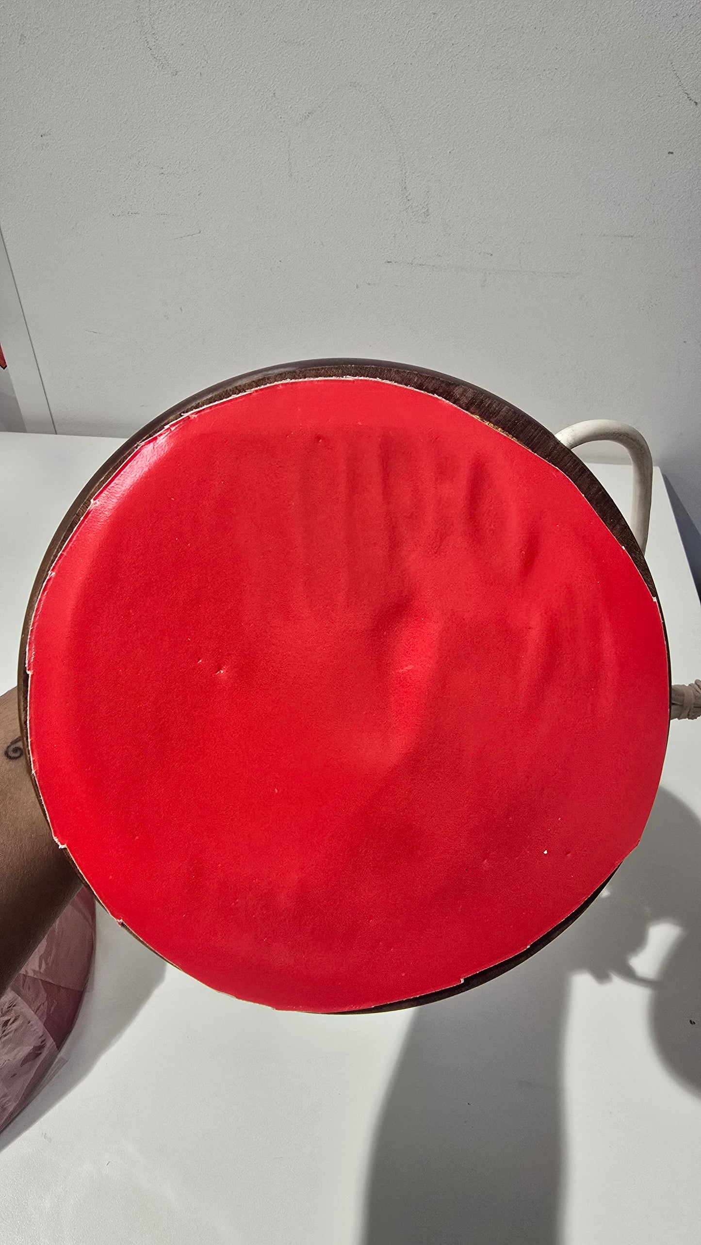 1960s Mid Century Scandinavian Twisted Teak and Brass Lamp with Red Shade(free)