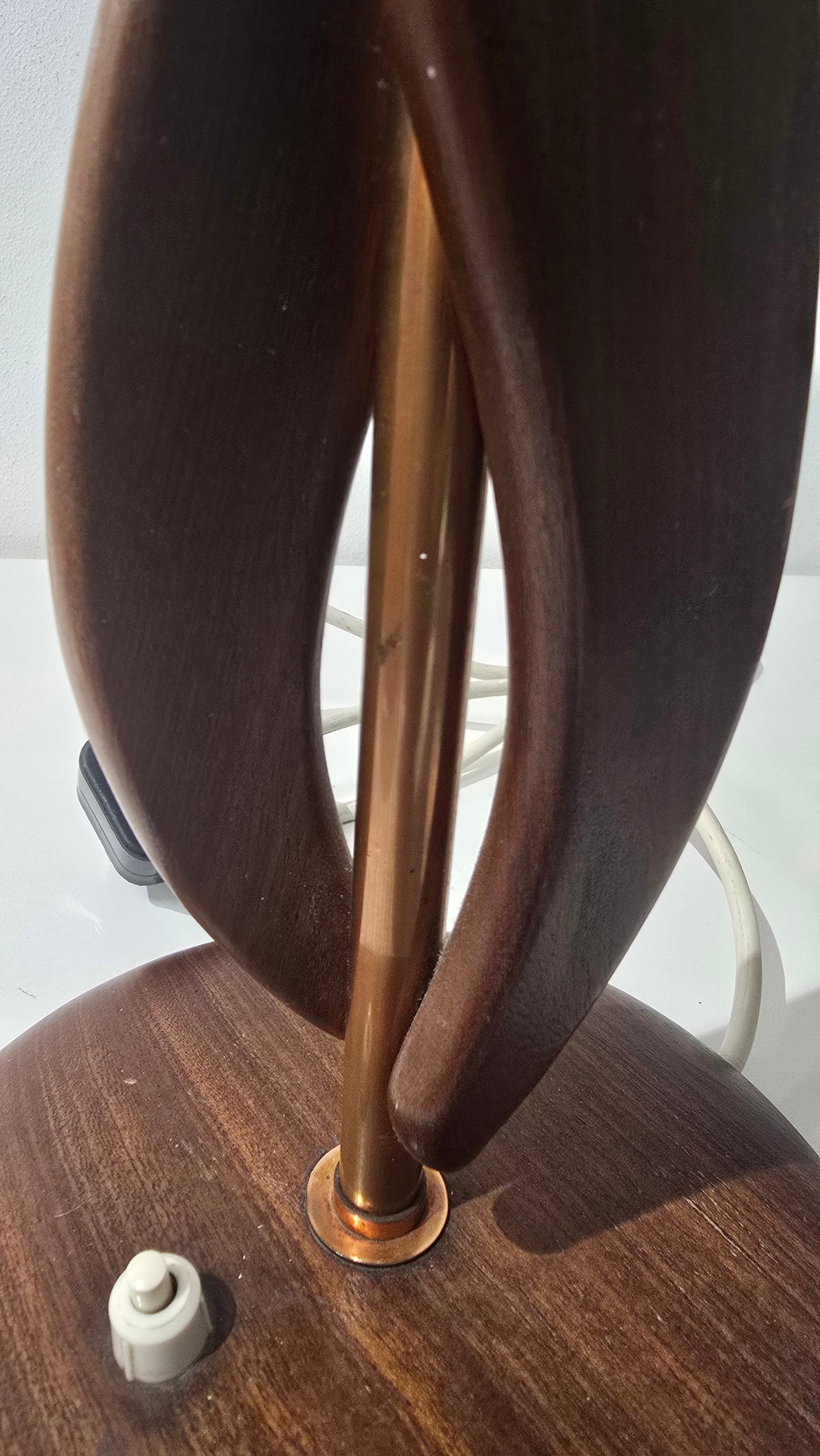 1960s Mid Century Scandinavian Twisted Teak and Brass Lamp with Red Shade(free)