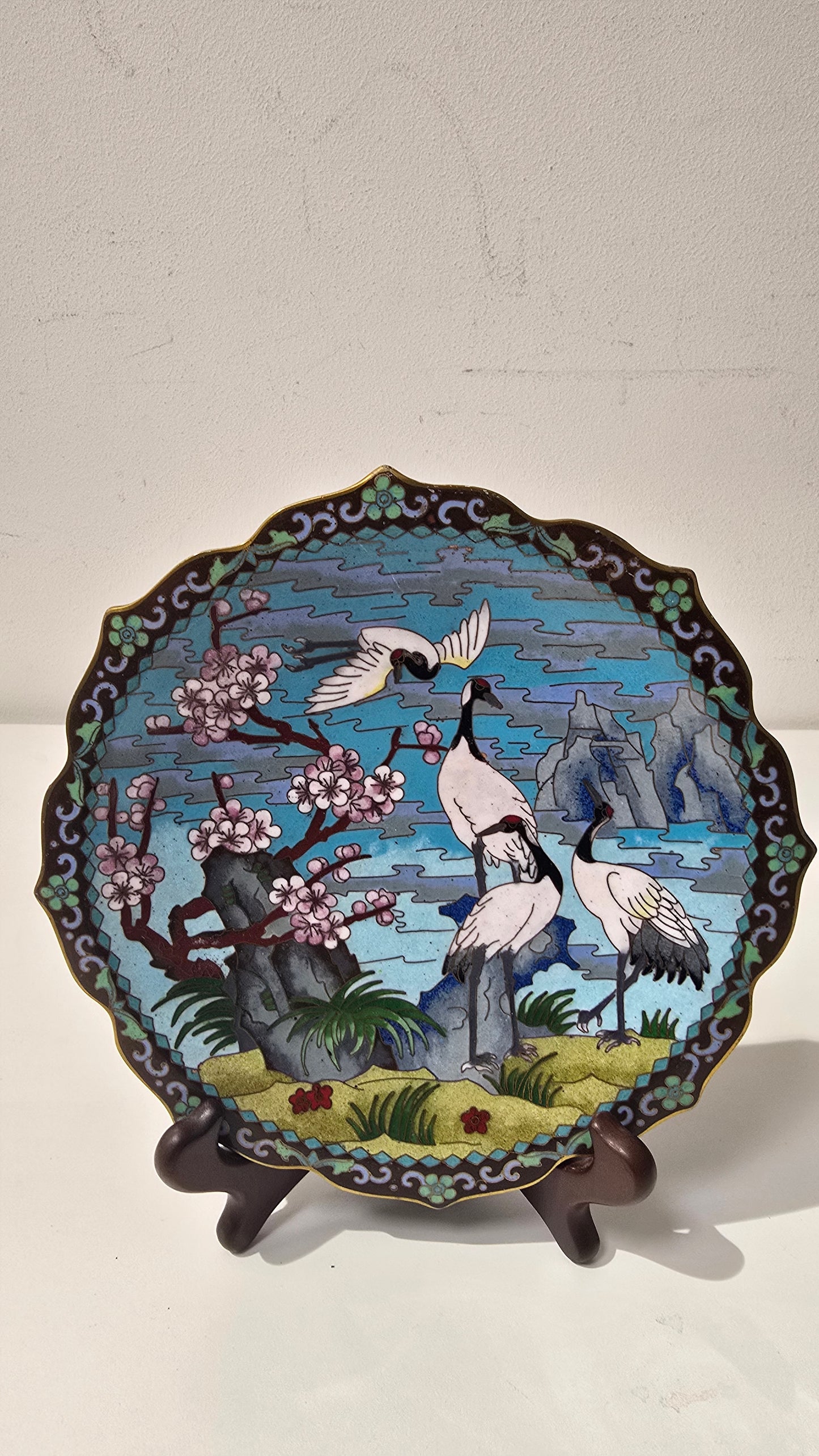 Vintage Cloisonne Plate with Cranes and Cherry Blossoms